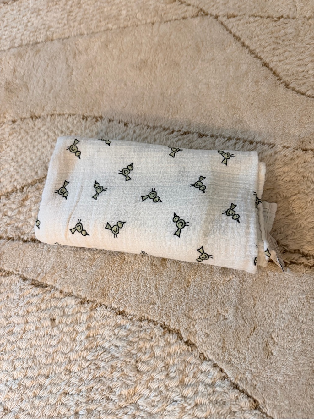 White Muslin Swaddle with Green Bird Print